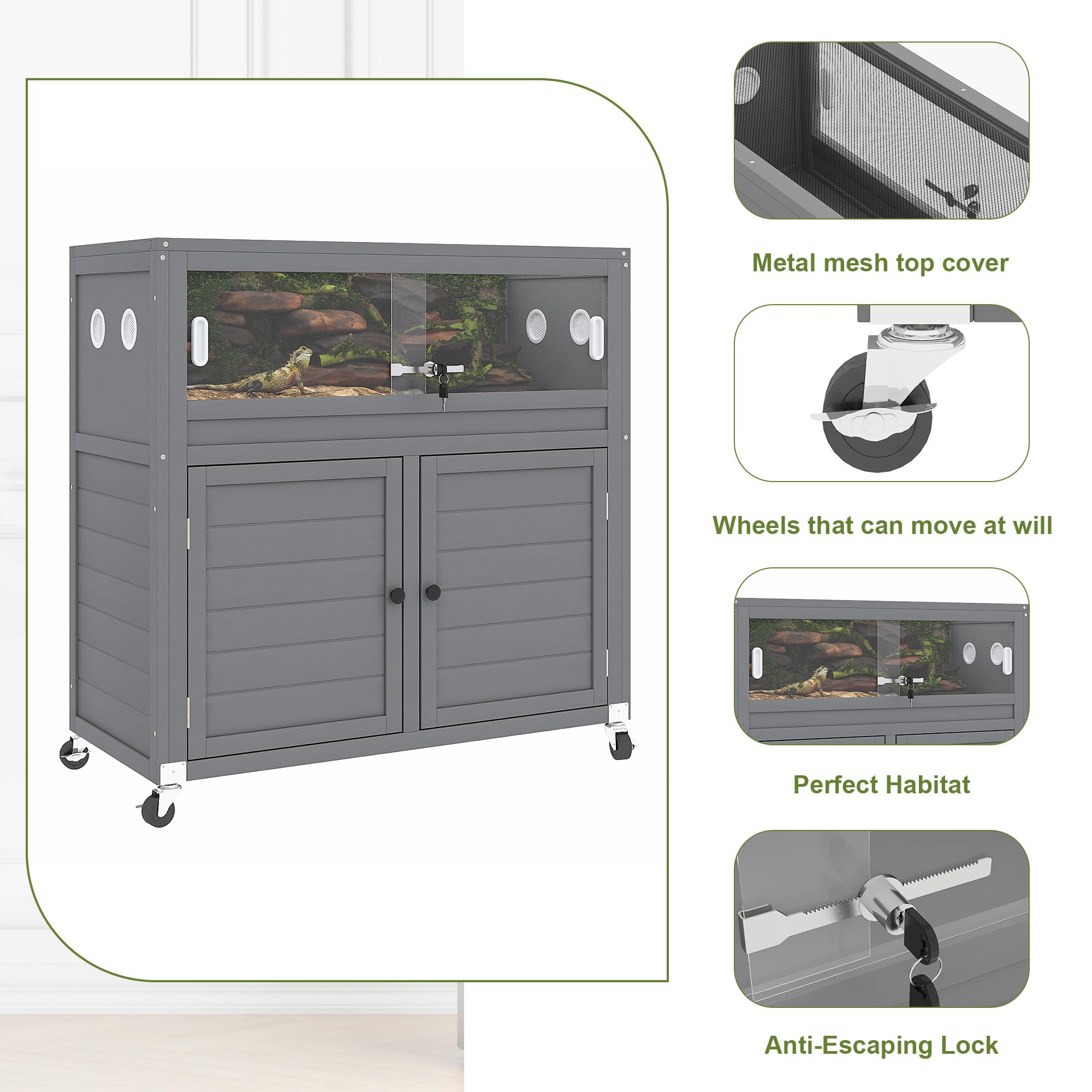 Neocozy Natural Wood Reptile Enclosure,Secure Locking System & All-Terrain Wheels With Built-In Storage Cabinet And Stand, 40 Ga